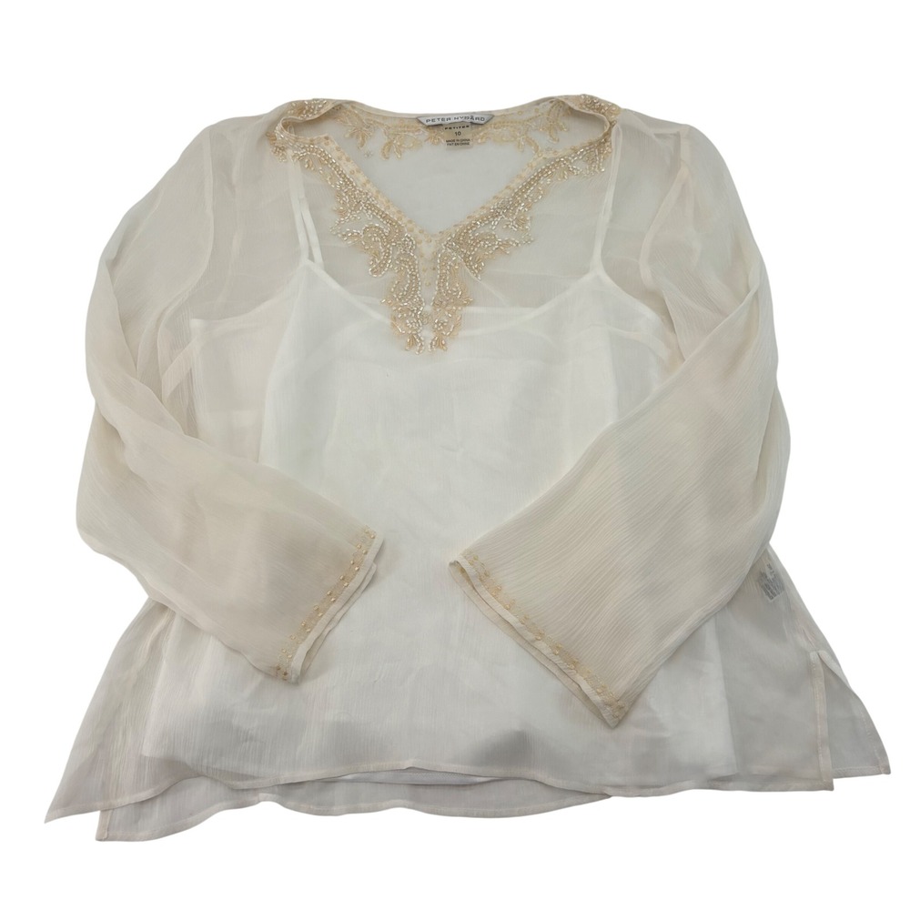 Peter Nygard Petite 10 Cream Sheer Beaded Embroidered Blouse Camisole Set 2pc